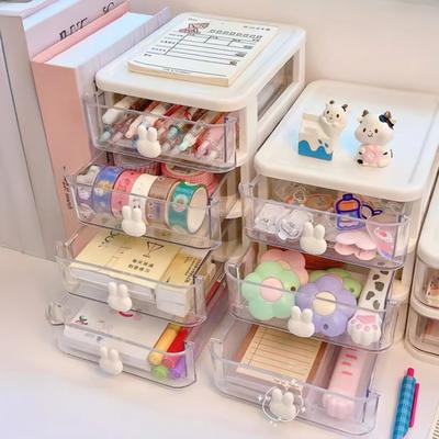Storage Box Plastic Drawer Desk Organizer Clear Multi-Layer Desktop Storage Box with Bunny Handles Large Capacity Office Supplies