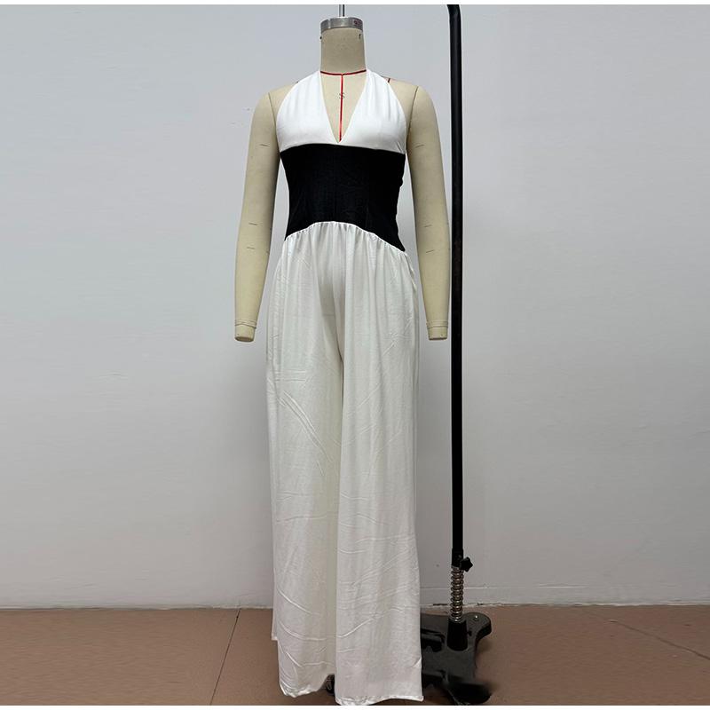 Halter Neck Sleeveless Stitching One-piece Wide-leg Pants Summer Ladies One-piece Casual Fashion Commuter Style