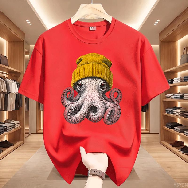 Cute Octopus Beanie T Shirt Ocean Animal Tshirt Vintage Octopus Tees Casual Round Neck Printed Cotton Short Sleeve Tshirts Tops