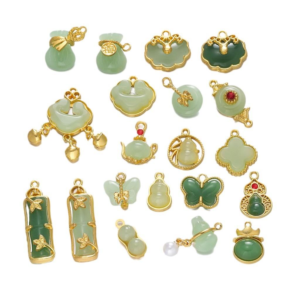 2Pcs Glass Alloy Inlaid Jade Pendant Safety Buckle Cloud Lock Pendant Handmade DIY Bracelet Necklace Antique Clothing Accessories