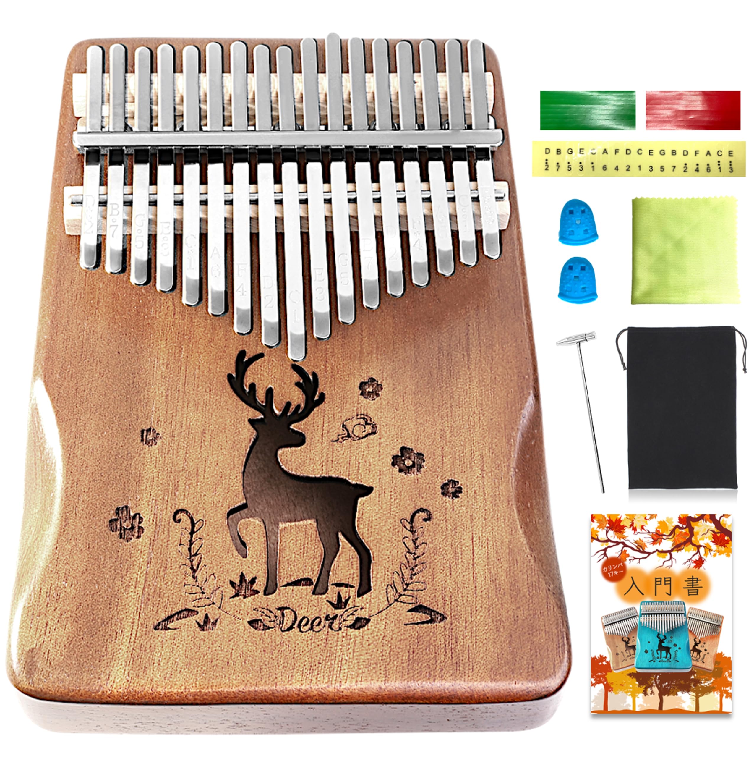 

Набор калимбы из красного дерева с 17 клавишами для начинающих, предварительно настроенный, включает руководство для начинающих и ноты на японском языке, с гравировкой, темно-коричневый