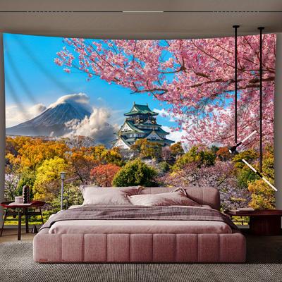 Osaka Castle Cherry Blossom Tapestry, Mt Fuji Landscape Wall Hanging, Japanese Scenery Home Decor For Bedroom Living Room
