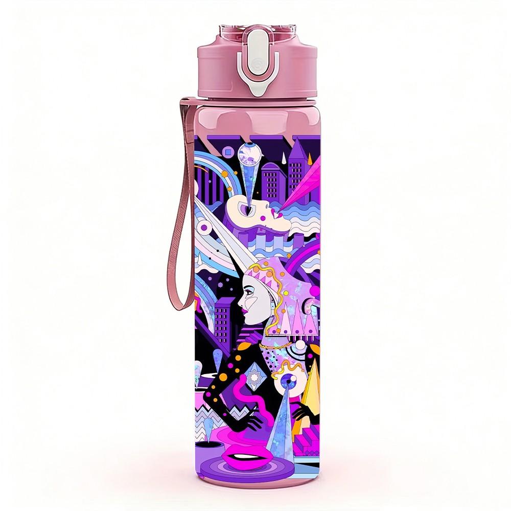 1PC Neon Abstract Cyber Graffiti Art 750ml Color Plastic Sports Water Bottle Leakproof Flip Straw Lid Suitable for Sports Office Home Use