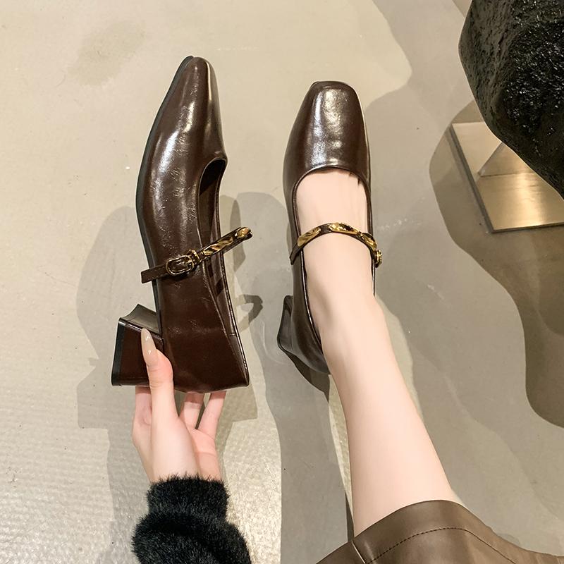 2025 Neue Mary Jane Schuhe Damen Hohe Qualität Leder Schnalle Ballerinas für Damen Eckige Spitze Flach Rindsleder Damen Einzelne Schuhe