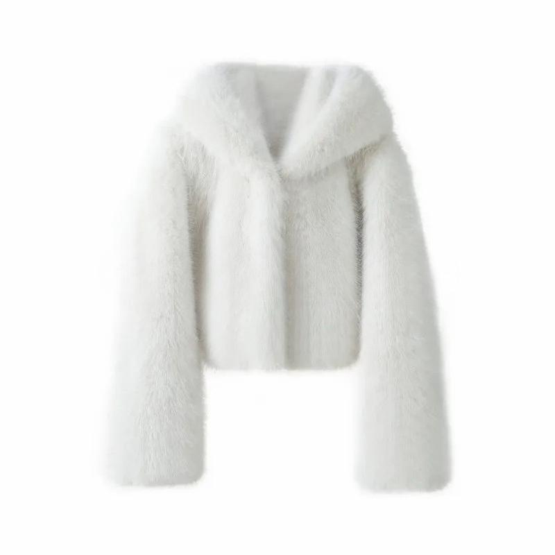 Winter Pure White Mountain Fashion Hooded Cropped Faux Fur Coat Women Fluffy Eco Fox Fur Jacket Girls Hot Overcoat