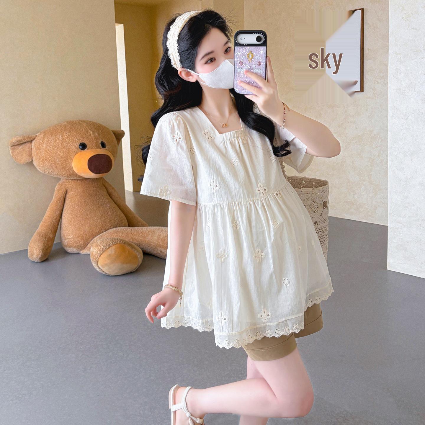 Summer 2026 Korean Lace Embroidery Doll Shirt & Tummy Support Shorts Set L