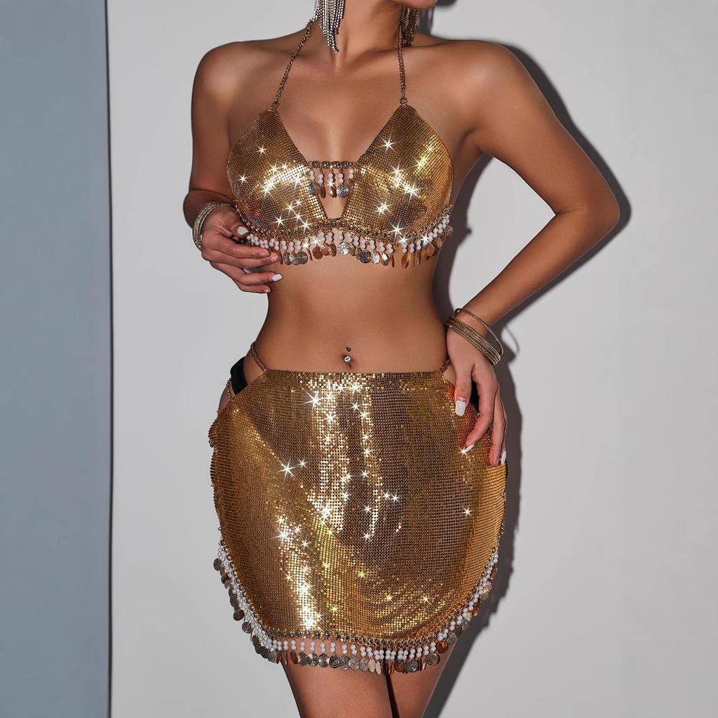 European & American Women's Summer Body Chain Sexy Off-Shoulder Vest with Metal Tassel Sequin Set