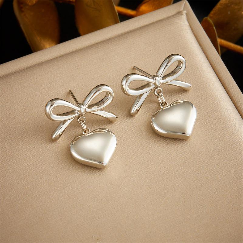 Bow Heart Drop Earrings For Women Gold Plated Stainless Steel Cute Fashion Jewelry