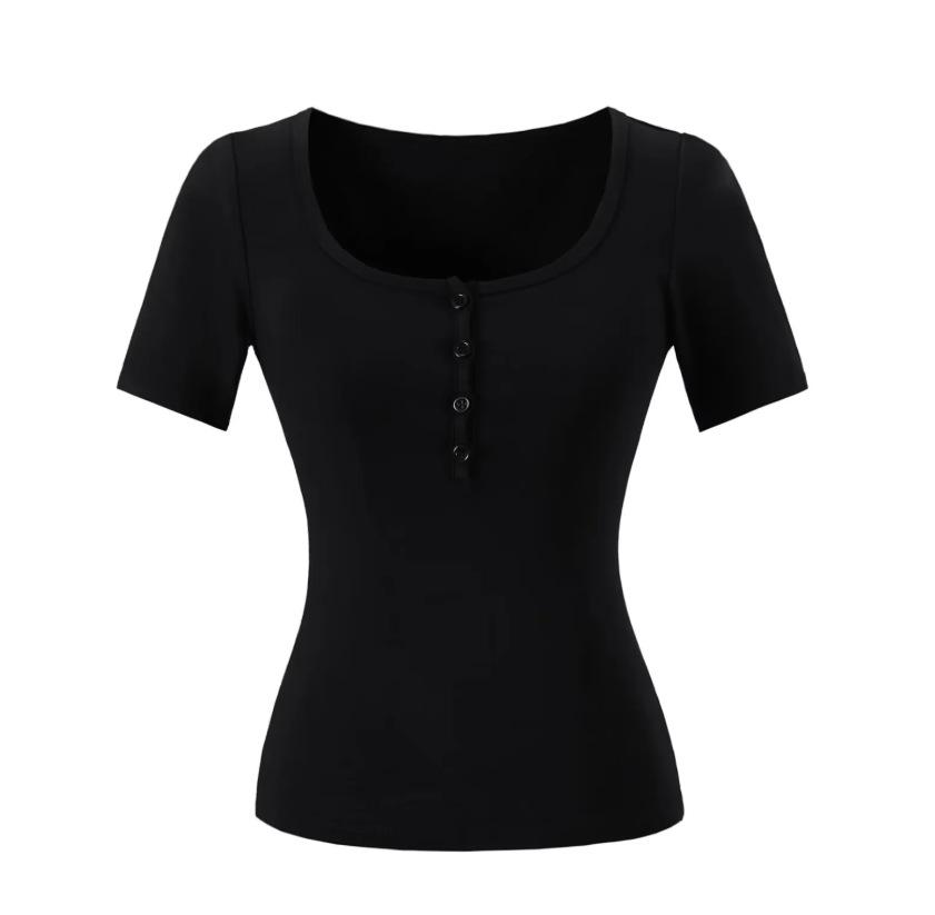 V-neck button-down short-sleeved T-shirt women's summer new American Spice Girl solid color slim-fit elastic crew neck bottoming top