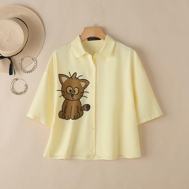 

ZANZEA Женская повседневная блузка с отложным воротником, летняя, с коротким рукавом, с принтом 2XL абрикосовый