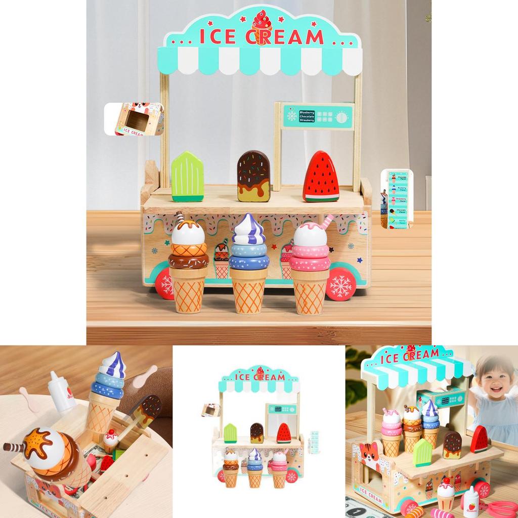 Wooden Simulation Ice Cream Cart Children Role Playing Toy Set For Imaginative Play And Parent Child Interaction