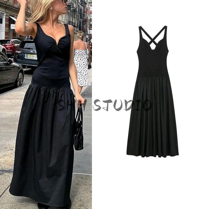 Spring New Women's Clothing French Suit Sexy Deep V Neck Sleeveless Long Patchwork Midi Skirt Vest Dress