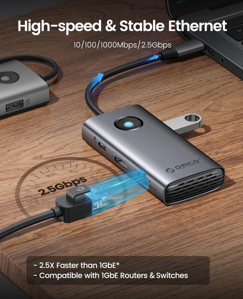 Docking ORICO 6 In 1 USB 4K PD 2 1 USB C Multiport Adapter for Windows Mac Station, Hub, HDMI, 2.5G Ethernet, 100W, USB-A 3.0 Ports, USB-C 3.0 Port,