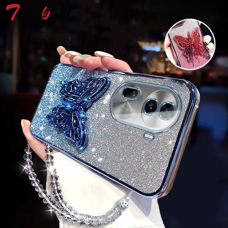 3D Butterfly Phone Holder Crystal Bracelet Glitter Plating Case for OPPO Reno 11 10 8 7 Pro 4G 5G Cover
