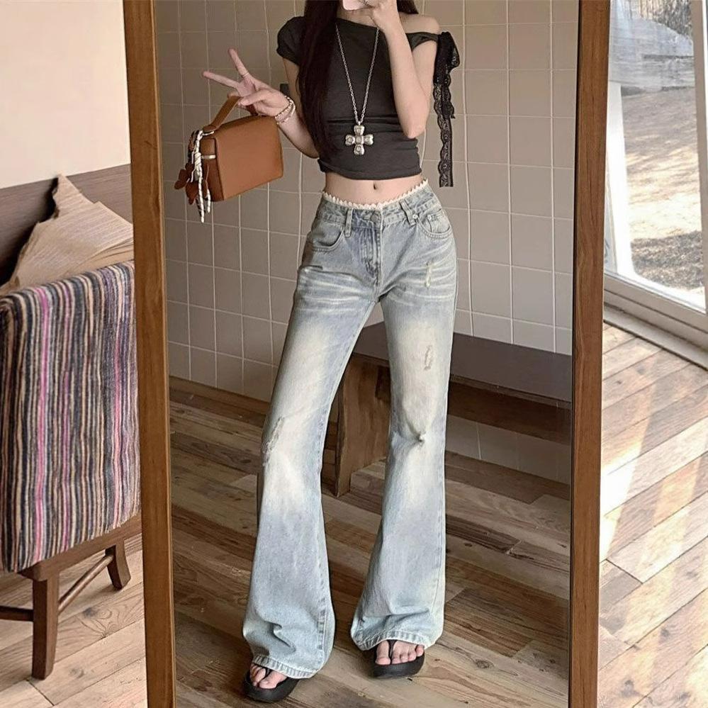 Retro Lace Edge Micro Flare Jeans Women Low Waist Straight Casual Micro Flare Trousers Ins Petite Trousers Jeans for Women Long Denim Pants