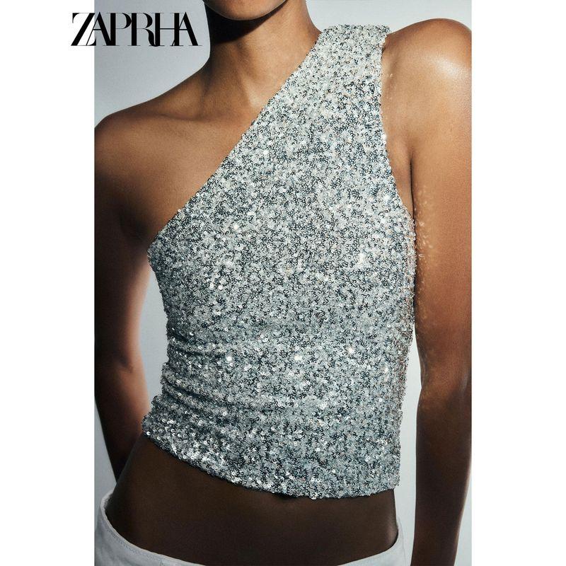 Zaprha 2025 Summer New Popular Asymmetric Design Sense Sequin Girly Style off-Shoulder Top 1014803