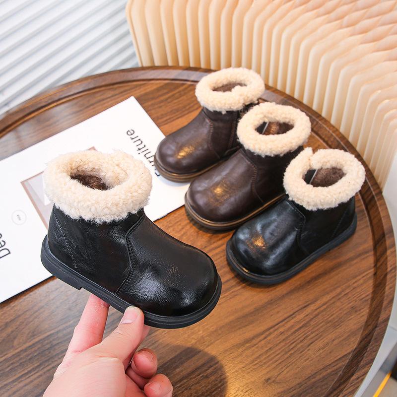 Children Winter Fleece Lined Short Boots British Casual Leather Shoes Warm Cotton Boots for Boys and Girls