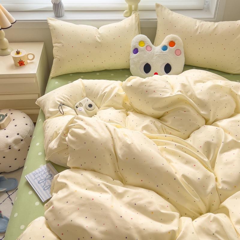 Class A Maternal Infant Grade Small Fresh Pure Cotton Abraded 4-Pcs Set, Skin-Friendly Bed Sheet Washed Cotton Quilt Cover, Dormitory 3-Piece Set