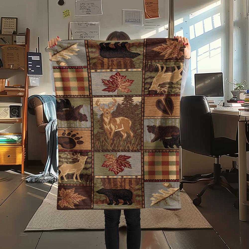 1Pc Cabin Wildlife Print Flannel Blanket, High Quality Comfortable for All Seasons, Home Decor, Warmth and Comfort, Perfect for Gifts