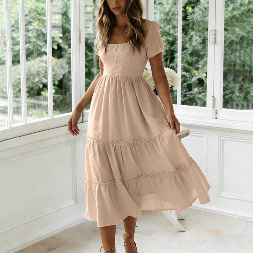Women Summer Fashion Solid Color Square Neck Short Sleeve Bohemian Vacation Beach Dress Midi Length Casual Loose Fit