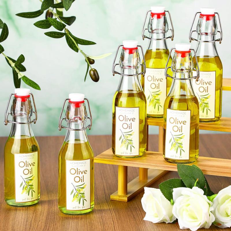 Swing Top Glass Bottles for Olive Oil Homemade 8 Oz Clear Flip Top Bottles with Airtight Lids Labels for Storing Homemade Oil