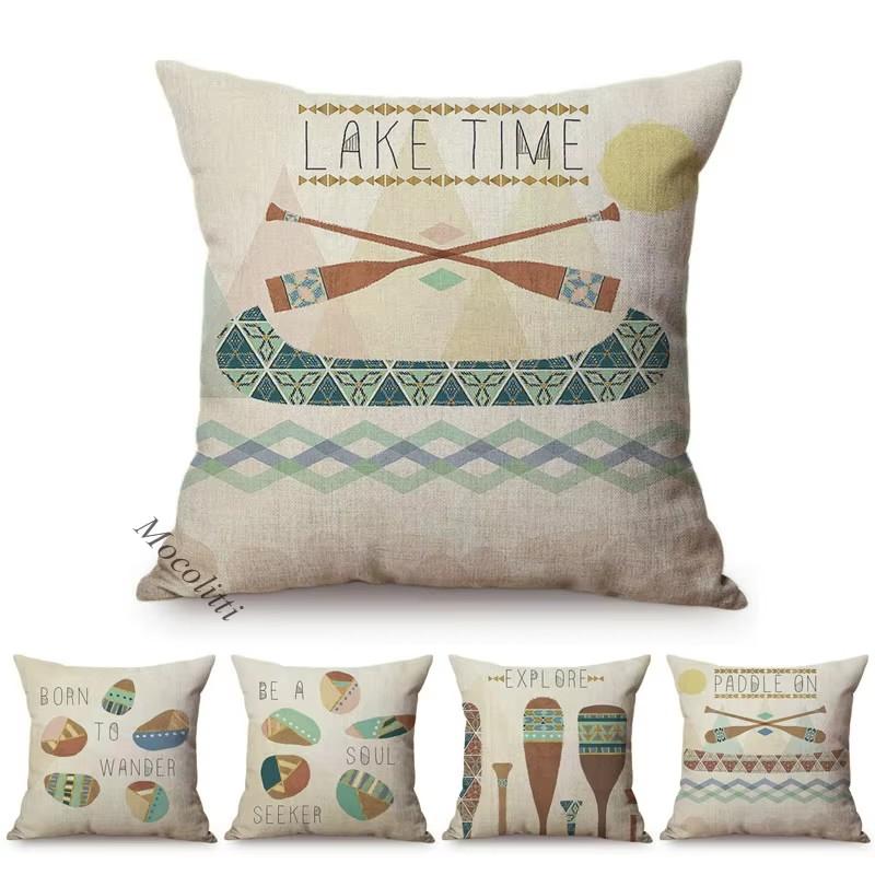 Monika Chen Unisex Nordic Pastel Painting Navigation Boat Paddle Sofa Decoration Throw Pillow Case Letter Geometric Cotton Linen Bed Cushion Cover