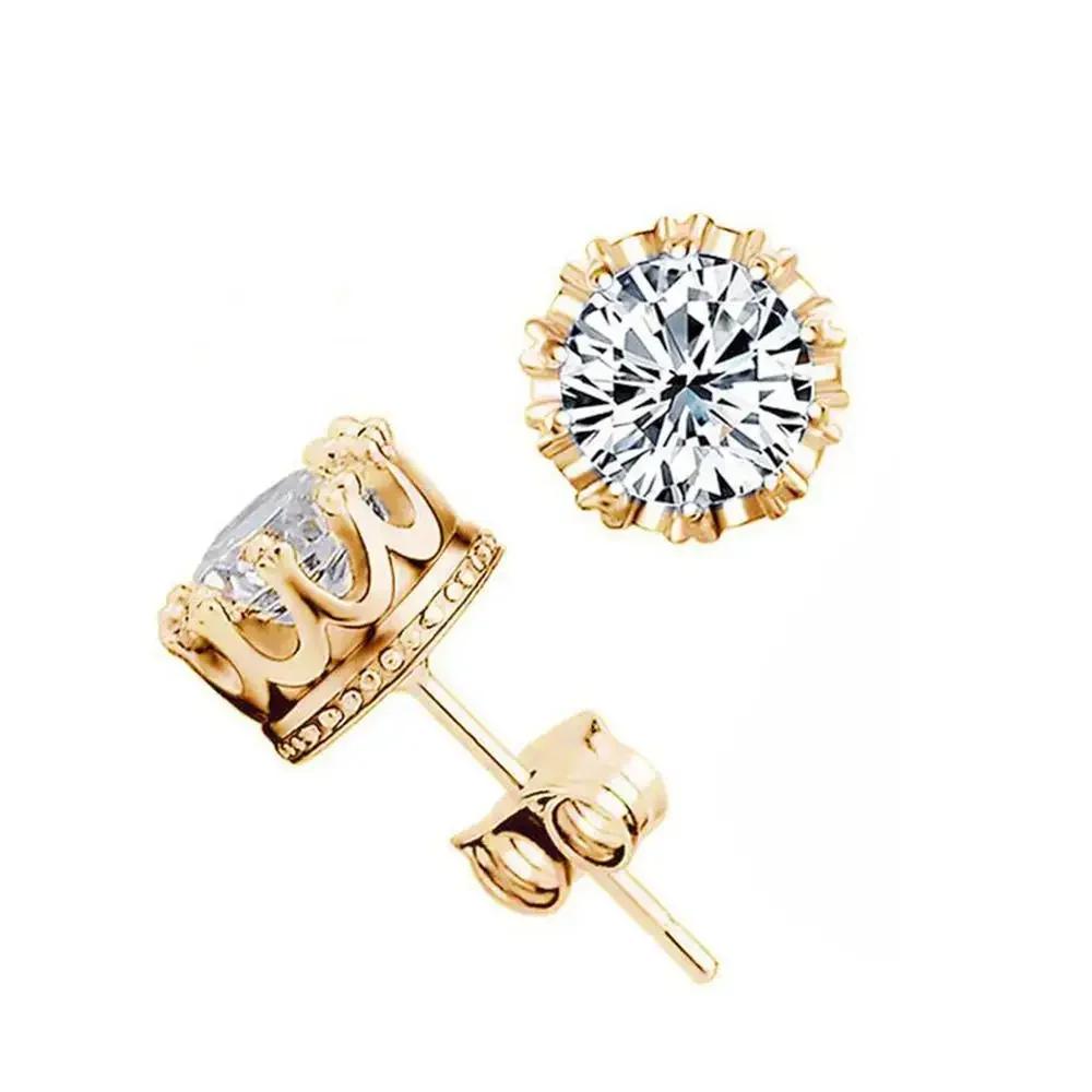 Gold Color Delicate Crown Small Stud Earrings Sparkling Round CZ Zircon Crystal for Women Men Classic Fashion Party Jewelry