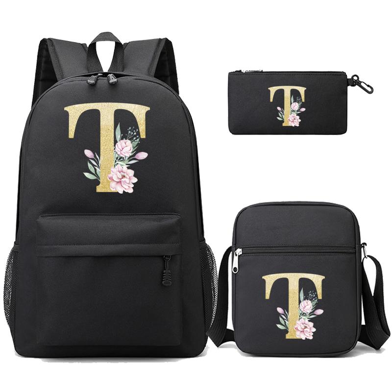 26 English Letters Black 3Pcs Backpack Cosplay Canvas Children Kids Schoolbag Travel Bag Back To School Bookbag for Boys and Girls