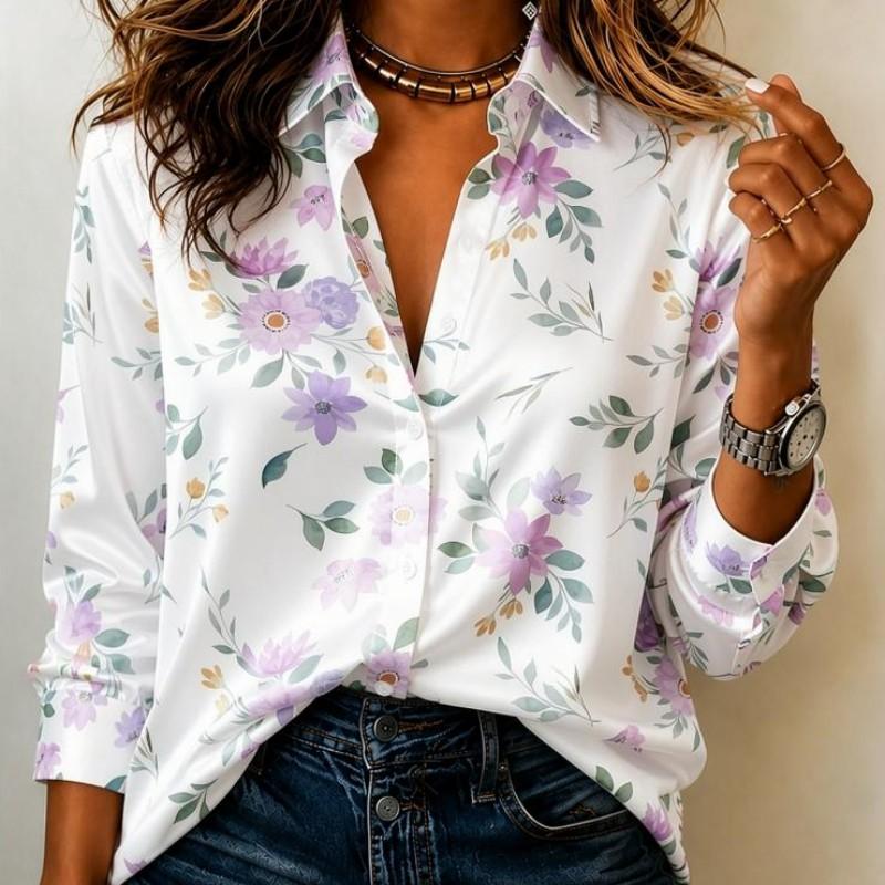 Dames Satin Witte Basis Fris Aquarel Bloemenprint Blouse Lange Mouwen Kraag Knopen Blouse Elegant Kantoor Casual Dames Meerkleurig Top