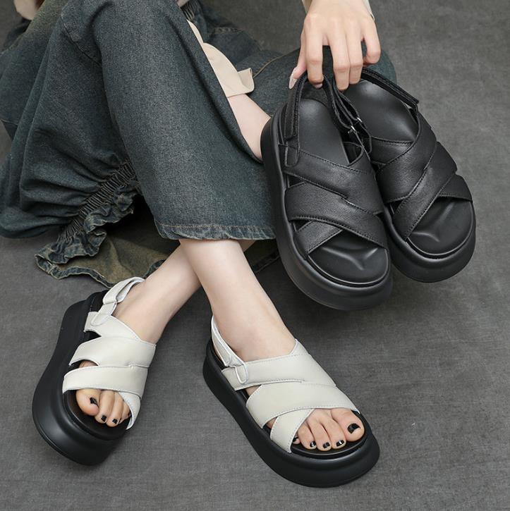 Fashion 5cm Sheepskin Leather Women Sandals Slippers Flats Summer Platform Wedge Flats Mary Jane Shoes Luxury Hook Peep Toe