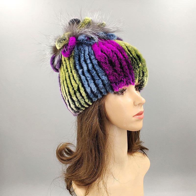 New Rex Rabbit Hair Hat Women's Winter Thickened Warm Fashion Versatile Elastic Fur Woven Hand-sewn Knitted Hat