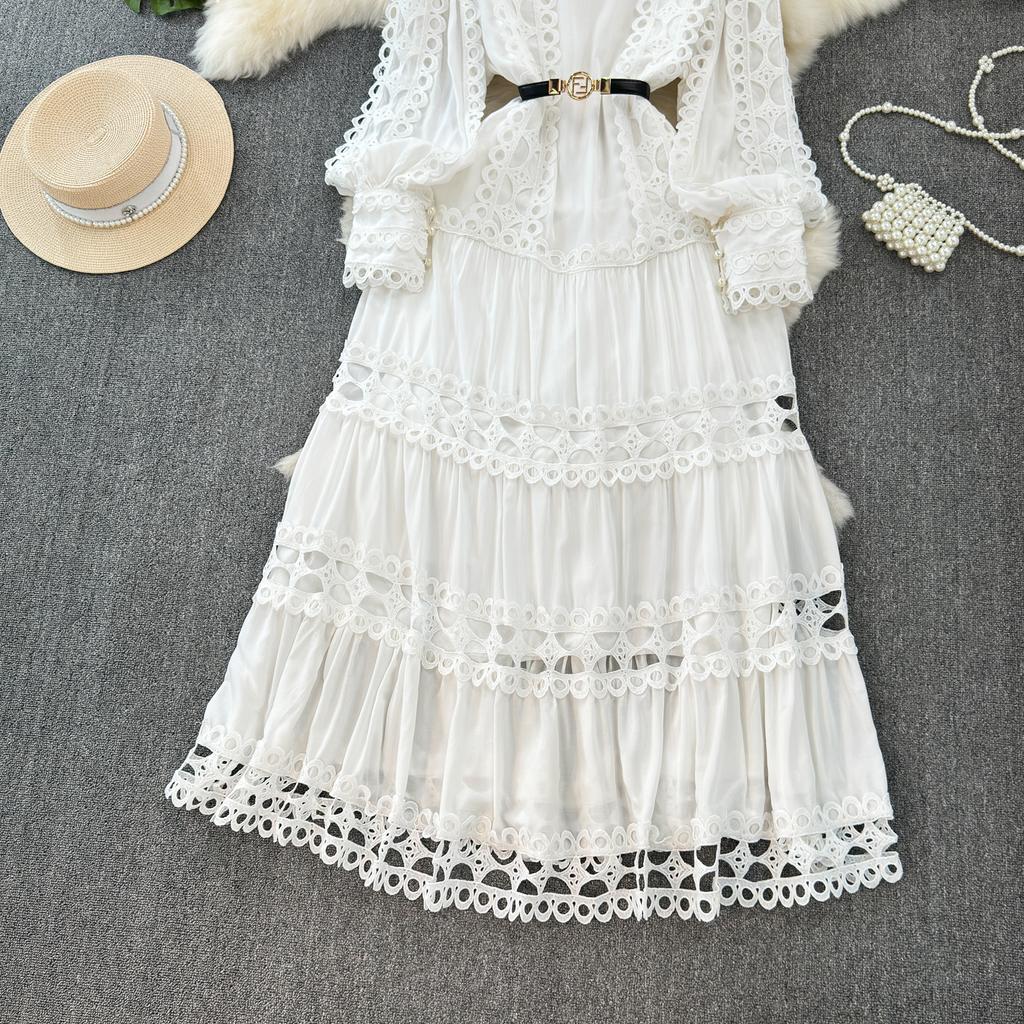 Court Style Elegant Dresses for Women Crochet Lace Hollow Out O-neck Lantern Sleeve Female Vestidos A-line Belted Dress Dropship