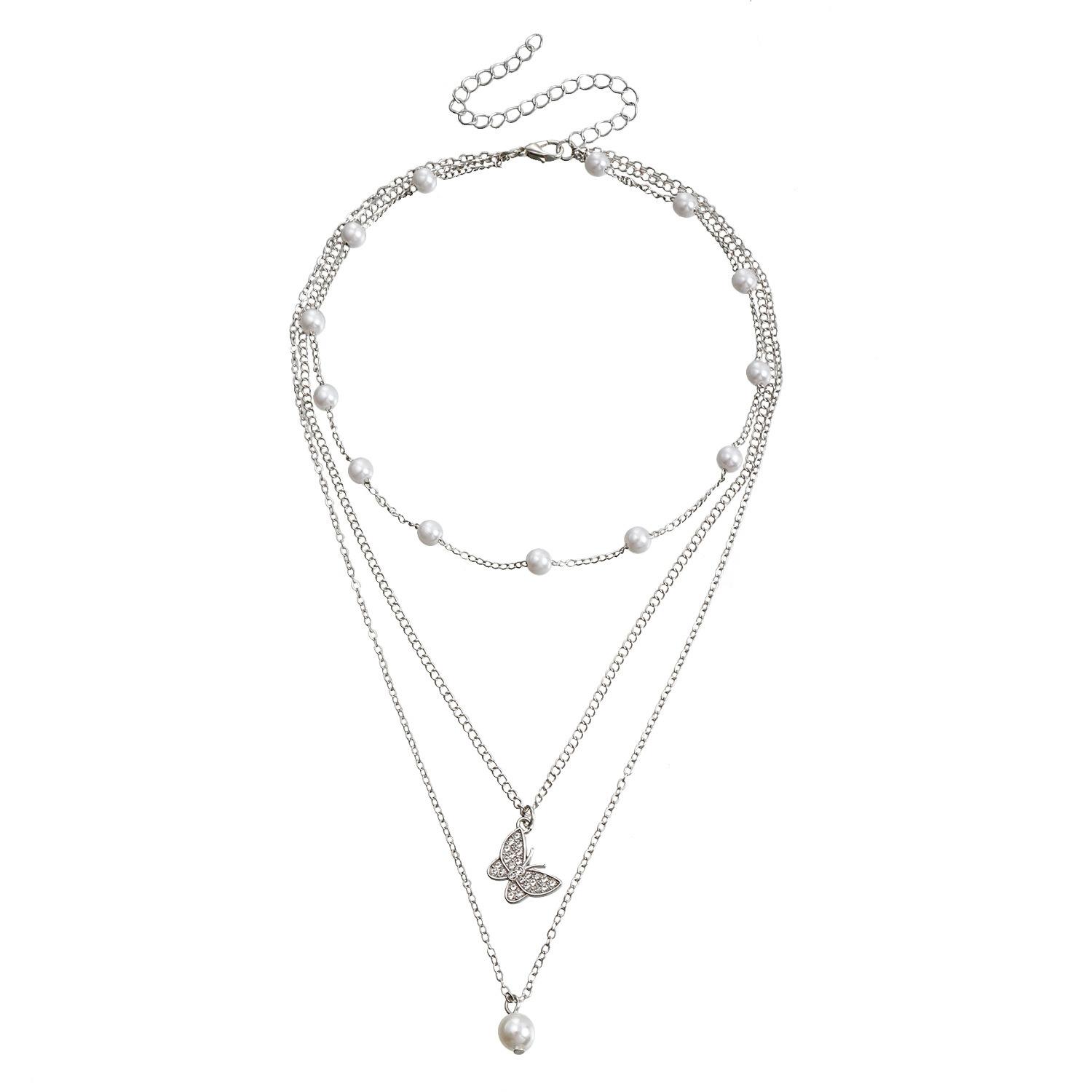 Europe, America, fashionable multi-layer imitation pearl creative diamond-encrusted butterfly necklace, retro collarbone stacked necklace