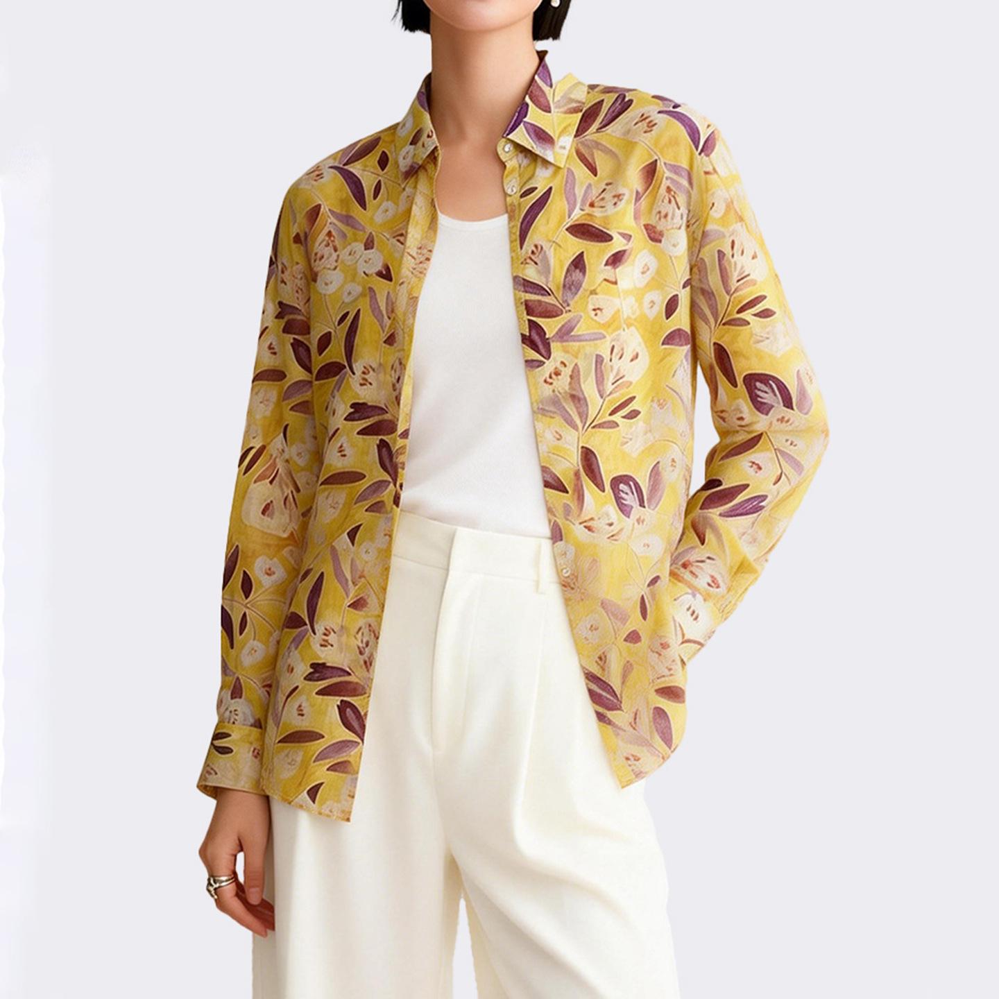 Women s Chic Printed Long Sleeve Loose Shirt - Spring 2026 Luxury M жёлтый