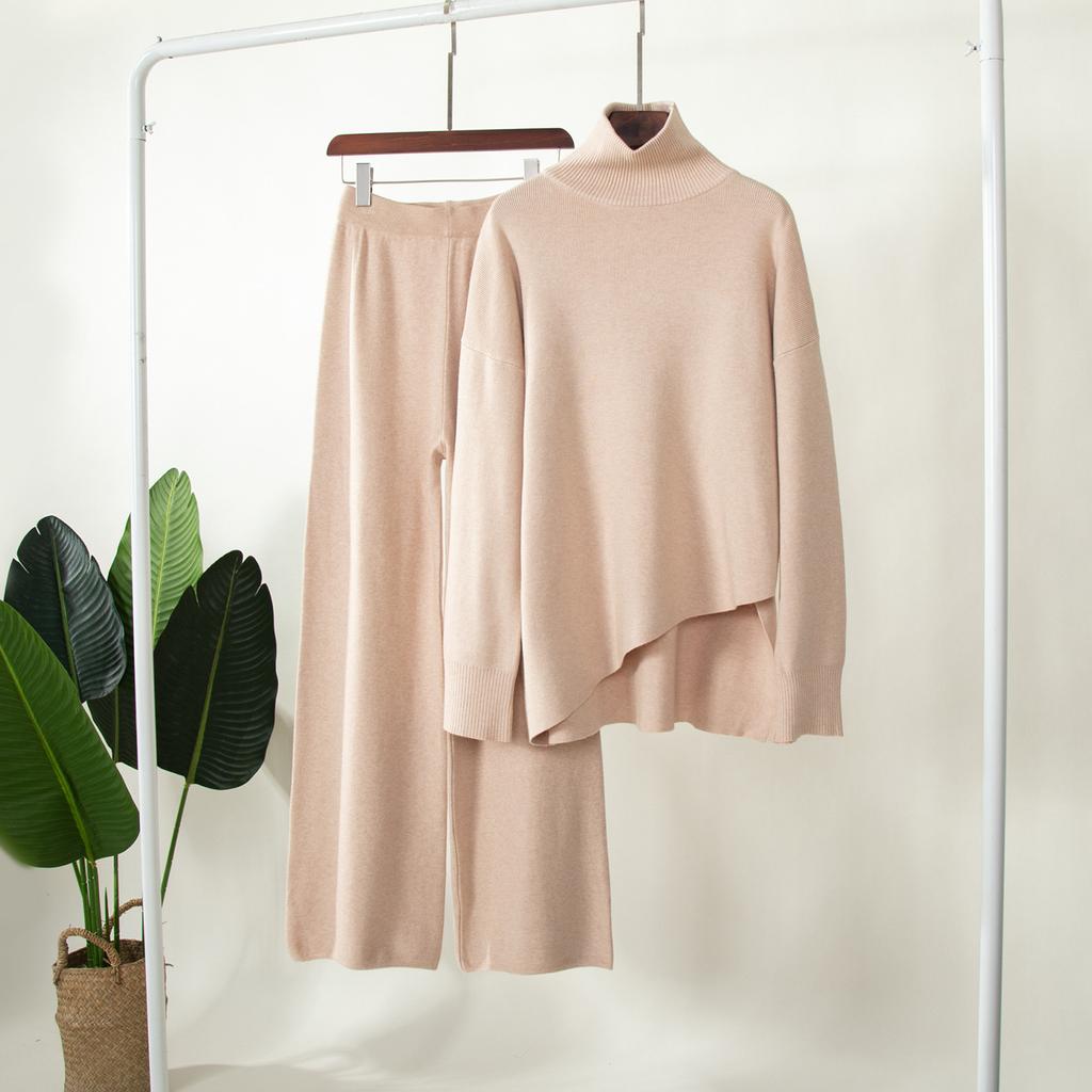 GMXIA Women's Half Turtleneck Sweater Set Irregular Bevelled Sweater + Knitted Wide Leg Pants Two Piece Set