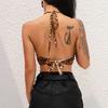 Leopard Printed Sexy Halter Crop Top Women Camis Backless Bandage Lace Up Sequins Metal Ring Tank Top Party Club Bustier