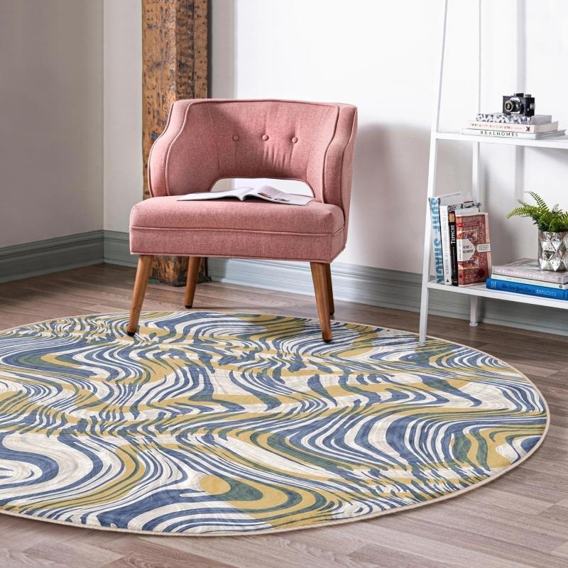 

Цветной круглый ковер с волнистым узором для гостиной и гостиной с моющейся нескользящей основой коричневого и темно-синего цветов