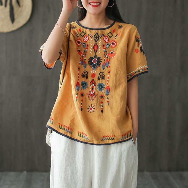 Cotton Linen Embroidered T-shirt Summer Retro Artistic Loose Versatile Pullover White Top for Women