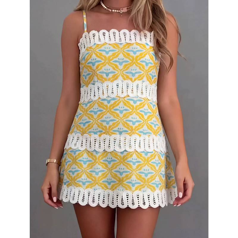 Linen Blend Abstract Pattern A Line Dress For Casual Beach And Travel Wear