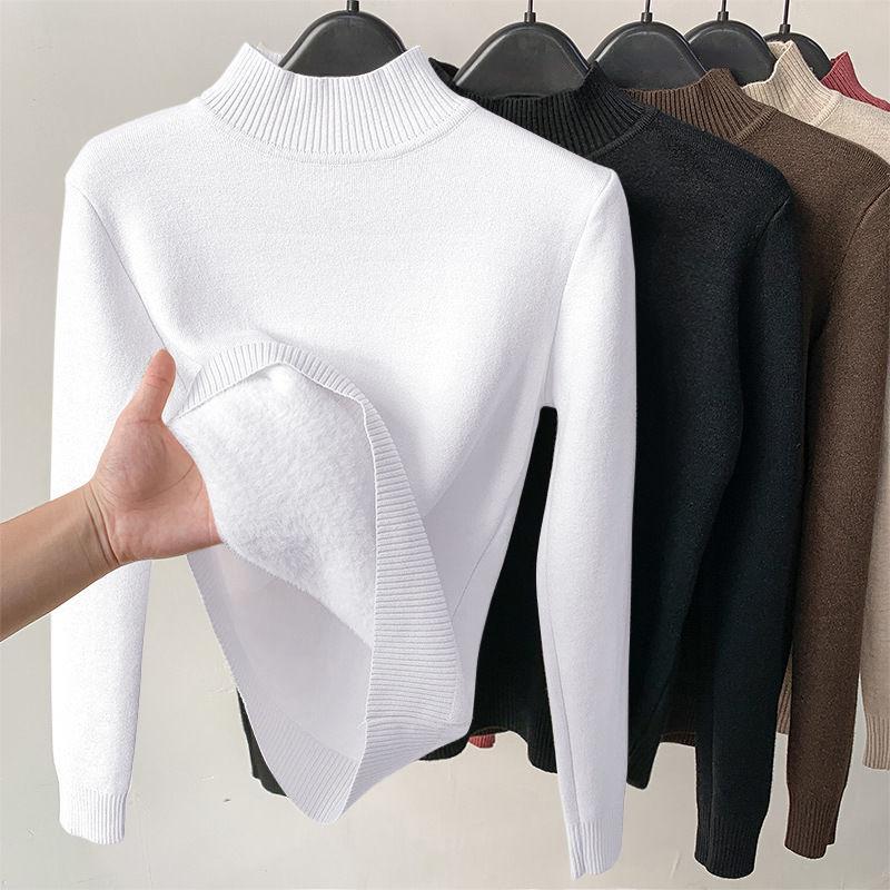 Slim Thicken Knitted Sweater Pullovers Woman Winter Sweater Casual Fleece Lined Warm Knitwear Tops