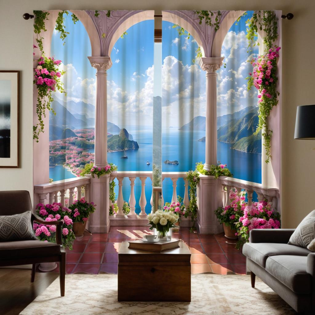 2 st höga Qing sjöpaviljong Blå himmel blomlandskap dekoration gardin Blå digitaltryckt gardin Hemdekoration st