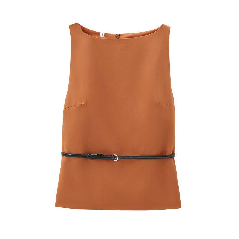 Fashion Style 2024 Autumn New Women's Clothing Casual Silm with Belt Stretch Sleeveless Tops 8698777