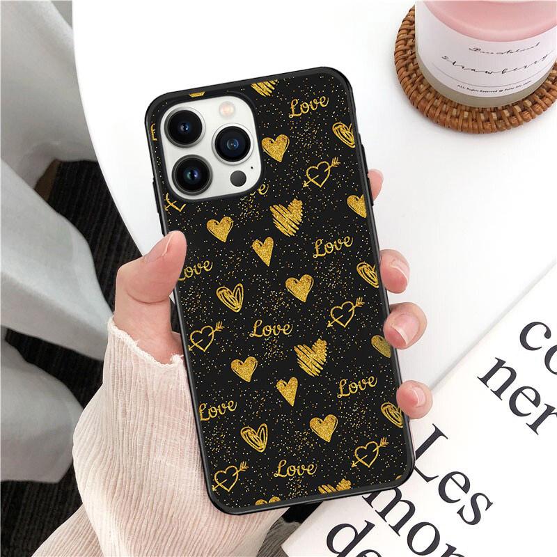 Phone Case For Iphone 14 13 12 11 Pro Max XS XR X 8 7 Plus SE Mobile Phone Cases Gold Rose Love Heart Funda Cell