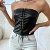 European & American PU Leather Retro Lace-Up Bandeau Crop Top for Women - Sexy, Short, Tight-Fitting, Beautiful Back, Customizable, Outdoor Wear.