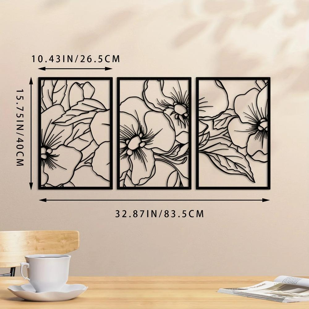 3dílná kovová nástěnná sada s květem hrušky - černé čtvercové moderní sochy | Stylová domácí dekorace do kanceláře, kuchyně a koupelny