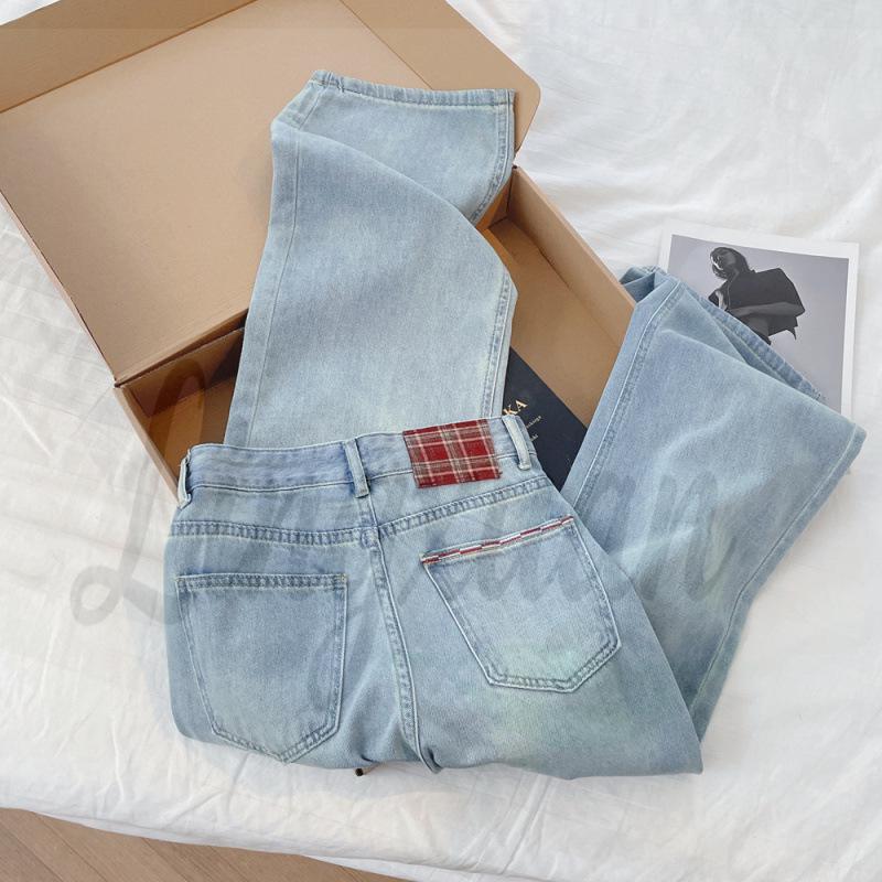 

Korean Plaid Embroidered High-Waist Wide-Leg Denim Pants for Women XL