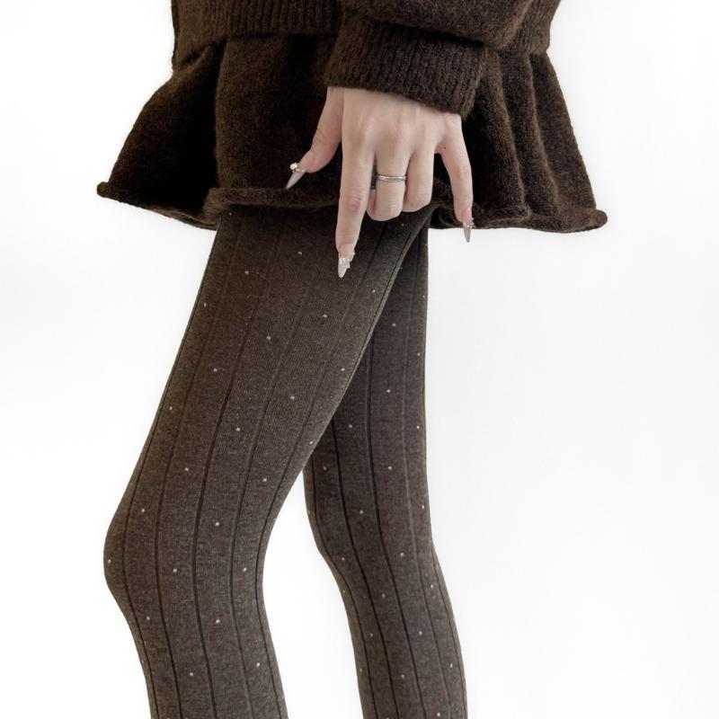 Women's High Waist Thermal Winter Fall Opaque Tights Dots Pattern Elastic Waistband Soft Cotton Ribbed Fabric Pantyhose