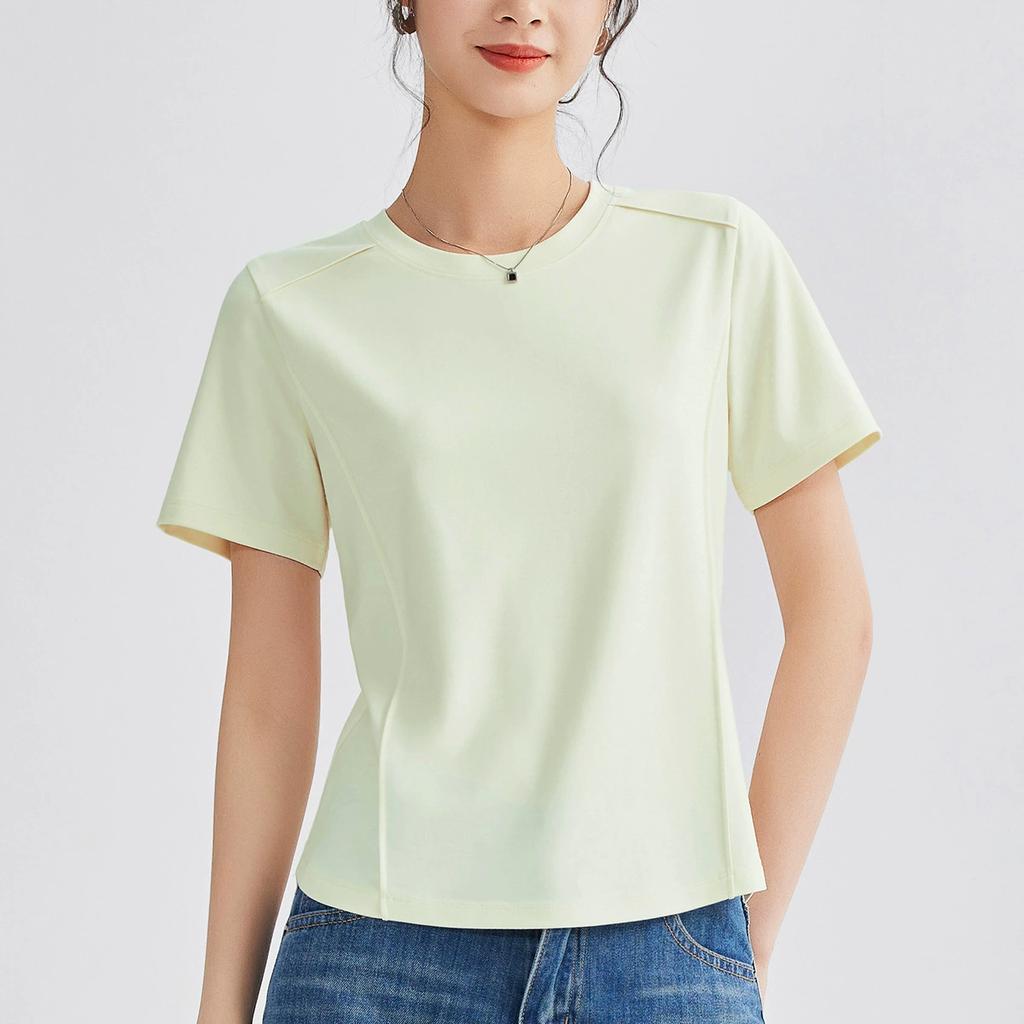 Summer Women's White Mercerized Cotton T-Shirt Stitching Round Neck Basic Top Plus Size Slim Fit Layered Casual Blouse