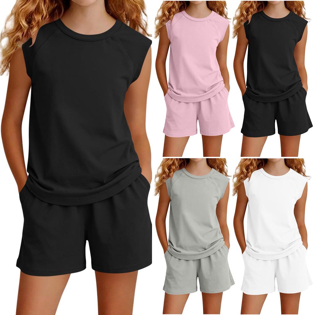 Set de vară casual pentru fete: Top fără mâneci tip maiou și pantaloni scurți cu talie înaltă și picior larg