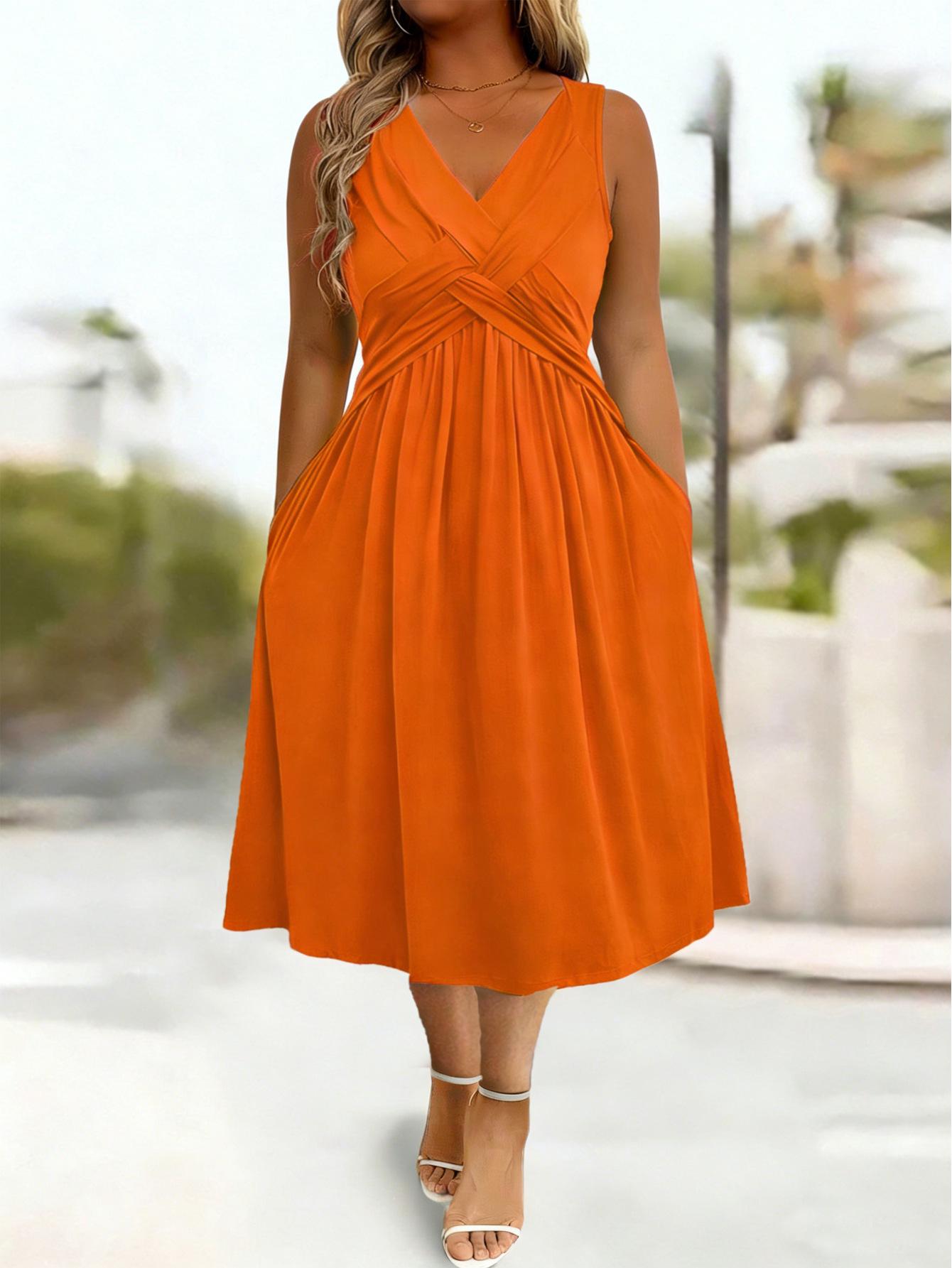 

Elegant Sleeveless V-Neck Dress with Waist-Cinching Twisted Belt and Pockets 3XL оранжевый